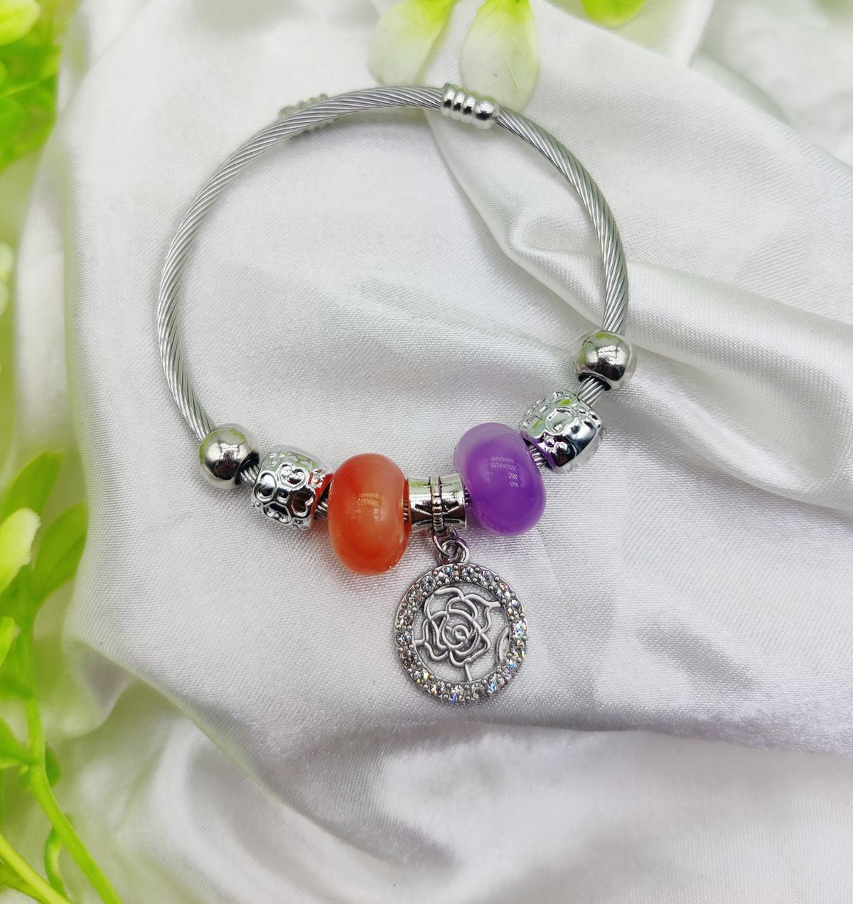 1 Piece Imported Elegant Pandora Bracelet with Rose Charm and Beaded Accents | Best Quality Bracelet For Girls & Women | Girls & Women Jewellery