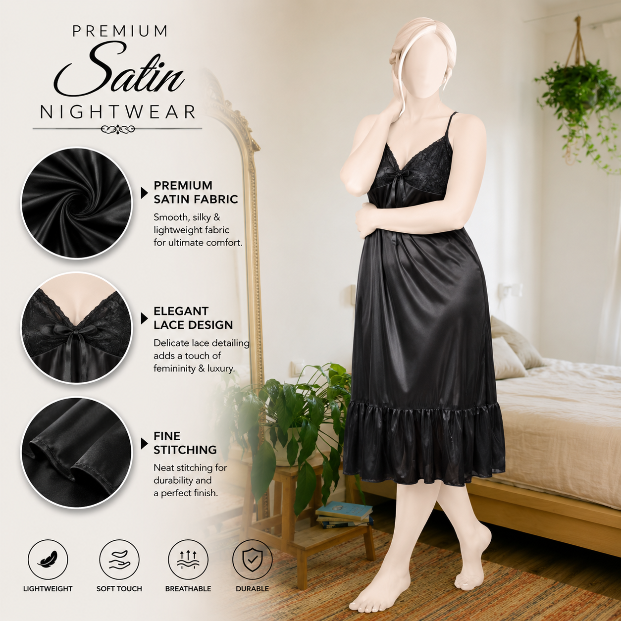 Women's Satin Lace Imported 1Pcs Nighty | Two Hearts Nightwear | Elegant Sleepwear & Lingerie