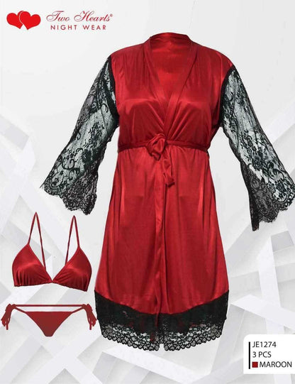 Two Hearts Imported 3-Pcs Satin & Lace Nightwear Set