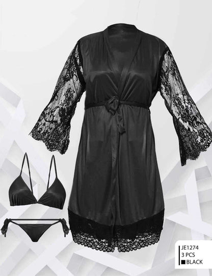 Two Hearts Imported 3-Pcs Satin & Lace Nightwear Set