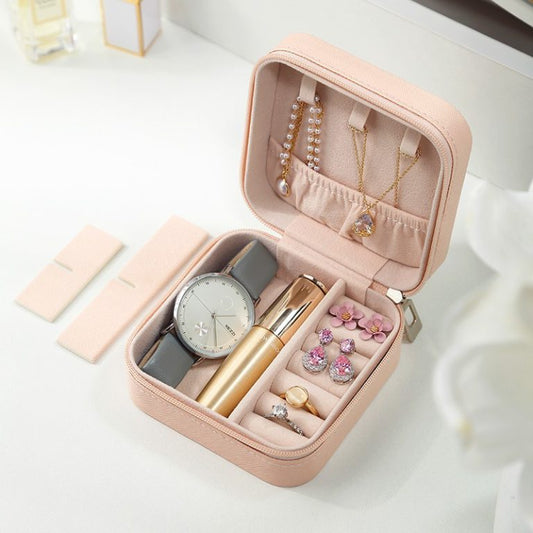 Compact Travel Leather Jewelry Organizer Box – Portable Pocket-Sized Case with Zipper Closure for Rings, Earrings, Necklaces & Accessories – Ideal for Women - Random Color