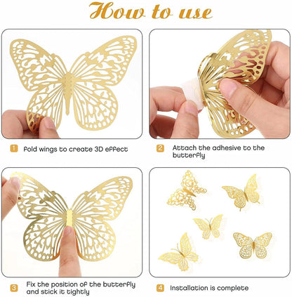 3D Wall Stickers Hollow Butterfly for Kids Rooms Home Wall Decor DIY Fridge stickers Room Decoration - Pack Of 12