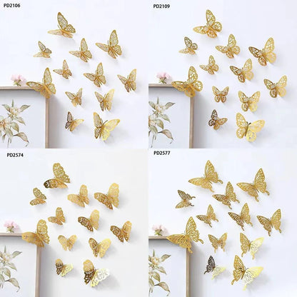 3D Wall Stickers Hollow Butterfly for Kids Rooms Home Wall Decor DIY Fridge stickers Room Decoration - Pack Of 12