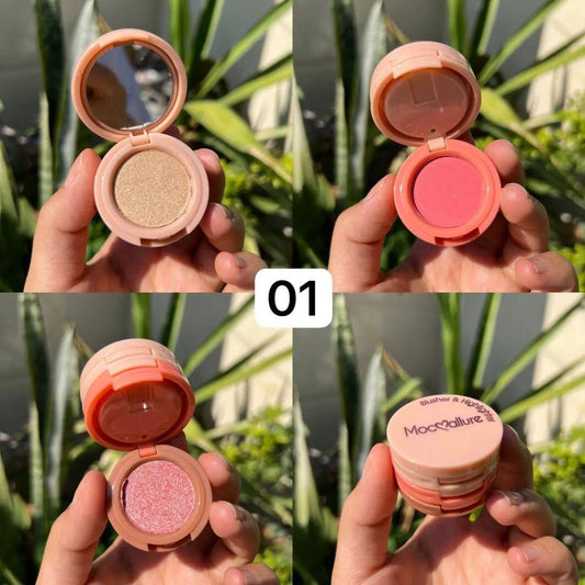 Mocallure 3 in 1 blusher highlighter kit Package Includes: 1 x Blusher Highlighter Kit Product Feature: Glowy, 2 in 1 (Random color)