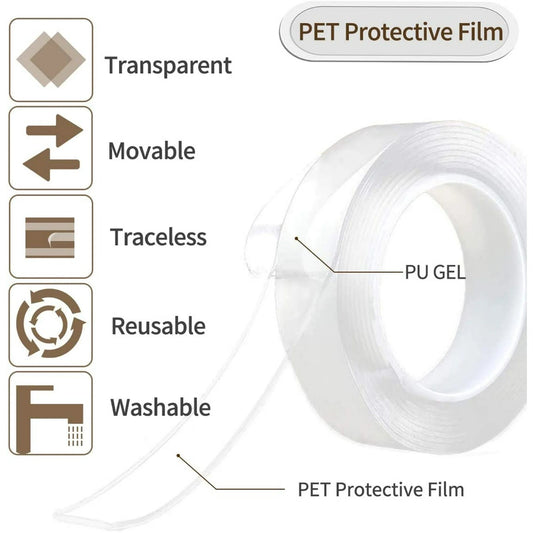 Nano Tape Double Sided Tape Self Adhesive Nano Tape for Kitchen Walls Photos Posters Fixing Balloon Home Office - 3 Meter