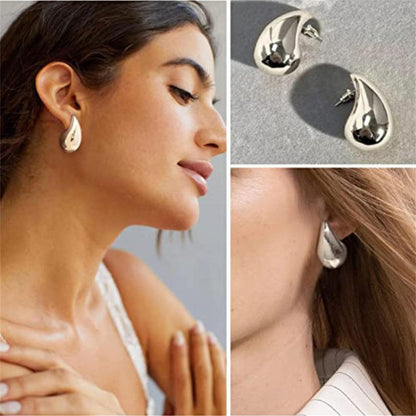 Chunky Dome Drop Earrings for Women Glossy Thick Teardrop Earrings Dupes Lightweight Hoops - Golden