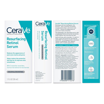 CeraVe Resurfacing Retinol Serum For Post Acne Marks, Formulated With Licorice Root Extract & Niacinamide, Brightening Serum & Pore Minimizer For Face, Post Acne Skin Barrier Repair, Non-Comedogenic - 30ml