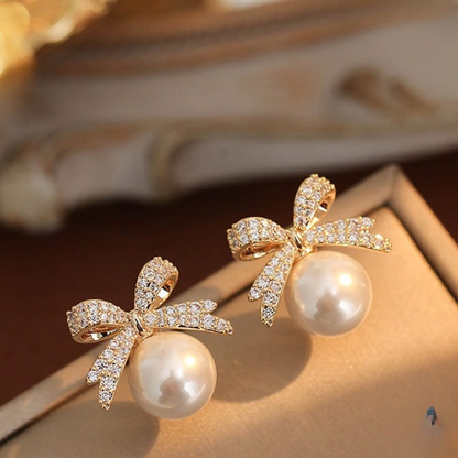Bow sparkle diamond pearl stud earrings / Pearl Earrings Women's Earrings for Gift