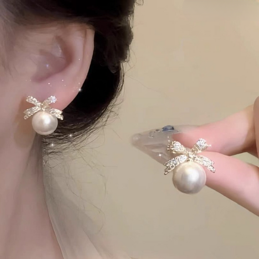 Bow sparkle diamond pearl stud earrings / Pearl Earrings Women's Earrings for Gift
