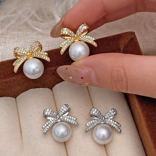 Bow sparkle diamond pearl stud earrings / Pearl Earrings Women's Earrings for Gift