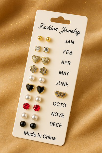 12 Pair Mixed Style Stud Earrings Set for Women – Golden Copper with Micro-Paved Cubic Zirconia – Trendy Fashion Jewelry