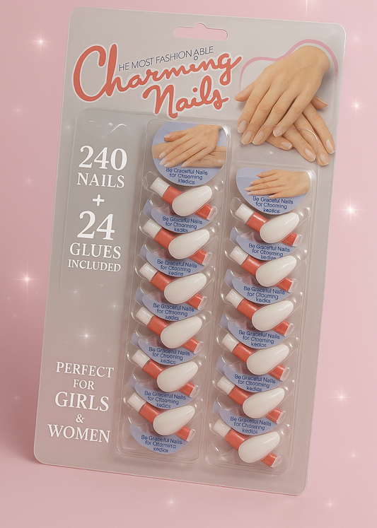 Pack of 24 Charming Artificial Nails with Glue – 240 Nails & 24 Glues Total, Beautiful Nail Extensions for Girls & Women (Random color)