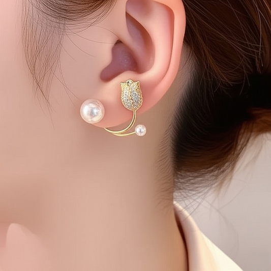Beautiful Pearl Zircon Korean Flower Earrings for Women – Elegant Floral Design with Sparkling Zircon and Pearl Detailing | Premium Silver and Golden Fashion Jewelry for Parties, Weddings, and Daily Wear | AWT-999
