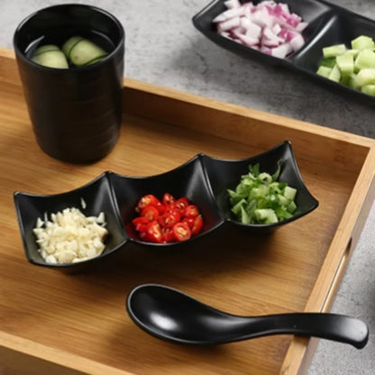 3-Compartment Dipping Sauce Dish – BPA-Free Plastic Condiment Server for Hot Pot, Sushi, Appetizers – Microwave & Dishwasher Safe (random color)