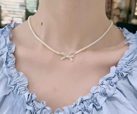 PQT-992 - Bow Shape Pearl Pendant Necklace for Women – Dainty Jewelry with Sparkling Bow Design | Available in Silver & Golden Finish | Perfect Gift for Weddings, Parties & Everyday Glamour