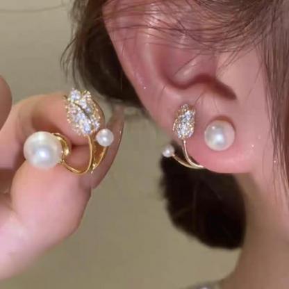 Beautiful Pearl Zircon Korean Flower Earrings for Women – Elegant Floral Design with Sparkling Zircon and Pearl Detailing | Premium Silver and Golden Fashion Jewelry for Parties, Weddings, and Daily Wear | AWT-999