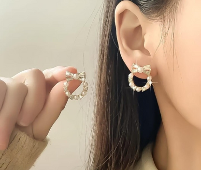 Pearl Bow Korean Zircon Earrings for Women – Elegant Bowknot Design with Sparkling Zircon and Pearl Accents | Premium Golden and Silver Fashion Jewelry for Weddings, Parties, and Everyday Wear | AXT-100