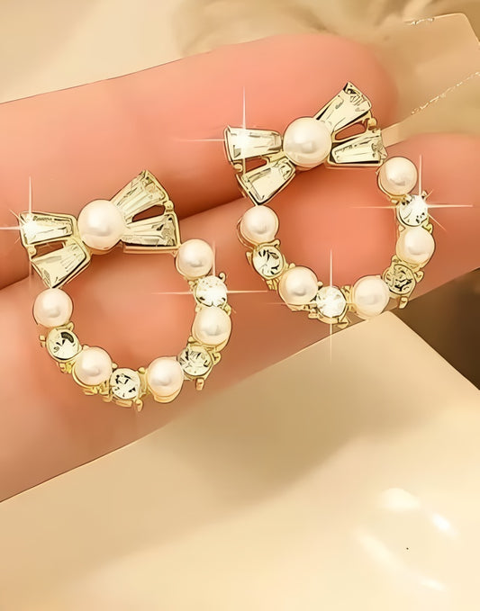 Pearl Bow Korean Zircon Earrings for Women – Elegant Bowknot Design with Sparkling Zircon and Pearl Accents | Premium Golden and Silver Fashion Jewelry for Weddings, Parties, and Everyday Wear | AXT-100