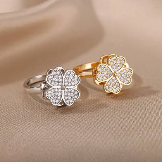 Clover Zircon Rotating Ring – Silver & Golden, Adjustable Spinner Ring for Women (PWJ-111)