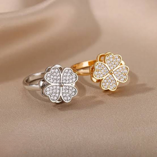 Clover Zircon Rotating Ring – Silver & Golden, Adjustable Spinner Ring for Women (PWJ-111)