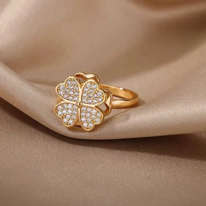 Clover Zircon Rotating Ring – Silver & Golden, Adjustable Spinner Ring for Women (PWJ-111)