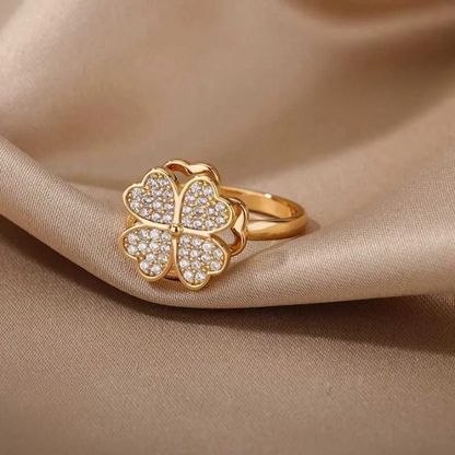 Clover Zircon Rotating Ring – Silver & Golden, Adjustable Spinner Ring for Women (PWJ-111)