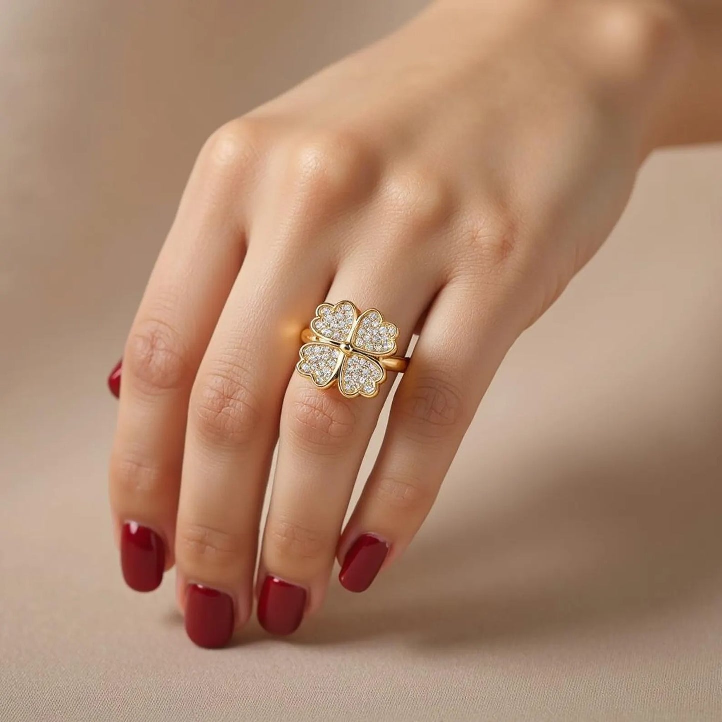 Clover Zircon Rotating Ring – Silver & Golden, Adjustable Spinner Ring for Women (PWJ-111)