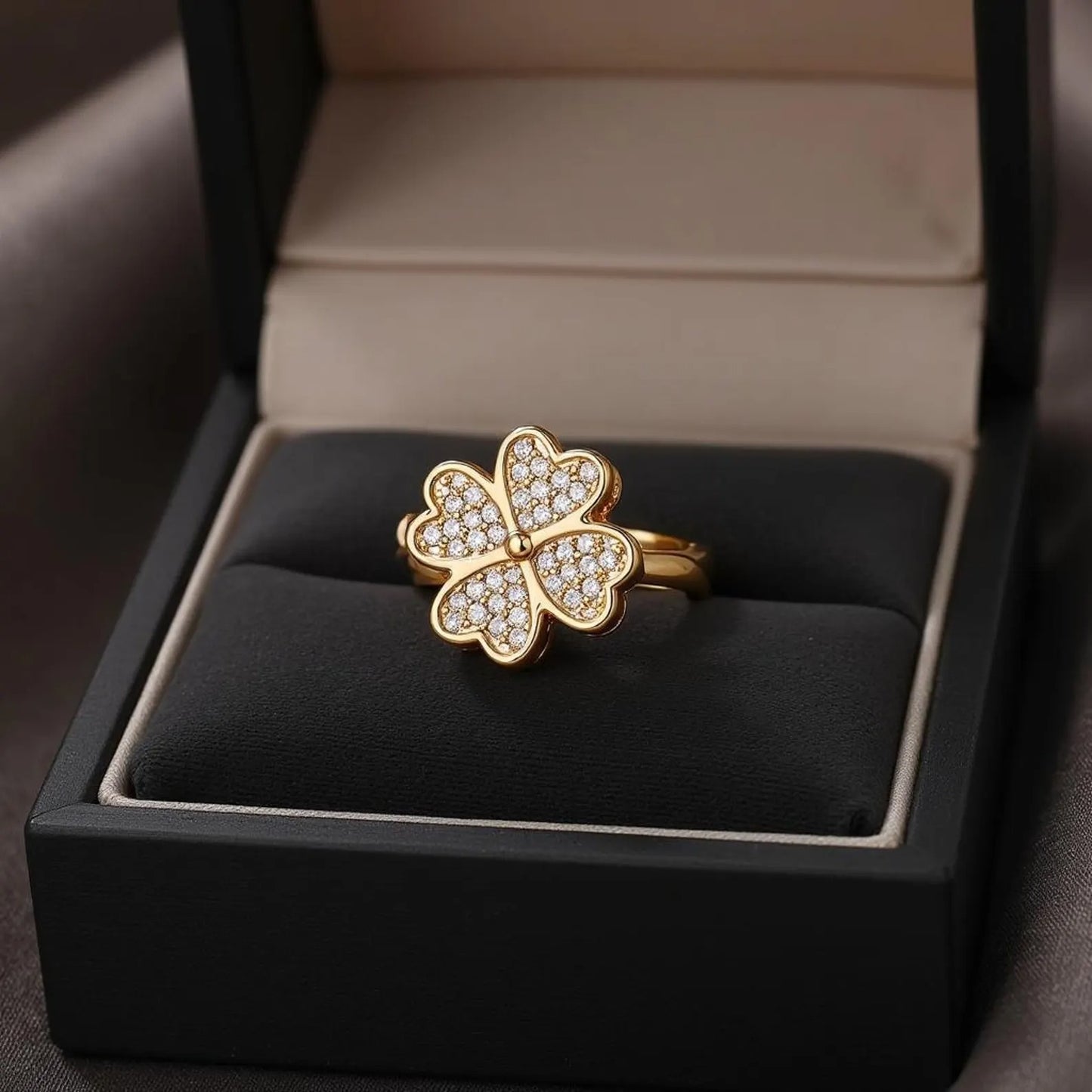 Clover Zircon Rotating Ring – Silver & Golden, Adjustable Spinner Ring for Women (PWJ-111)