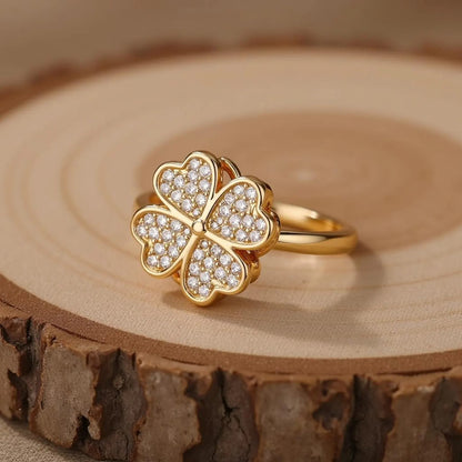 Clover Zircon Rotating Ring – Silver & Golden, Adjustable Spinner Ring for Women (PWJ-111)