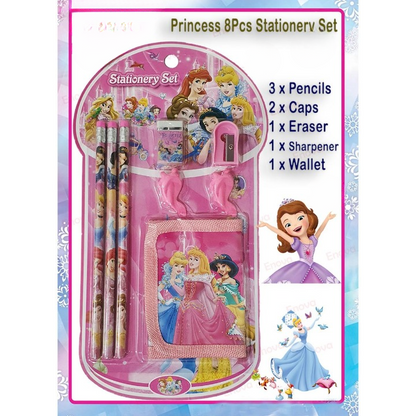 8 Pcs Disney Stationery Gift Set for Kids – Includes Pencils, Eraser, Sharpener, Pencil Caps & Wallet