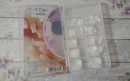 100 Pcs Fake Nails Set – White ABS Plastic Nail Tips, Durable & Easy-to-Apply, Smooth Finish for DIY Nail Art & Professional Salon Manicure