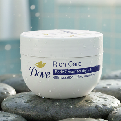 A Radiant Oasis of Hydration: Dove Rich Care Body Cream – 48h Moisture & Deep Nourishment Captured in Nature's Light