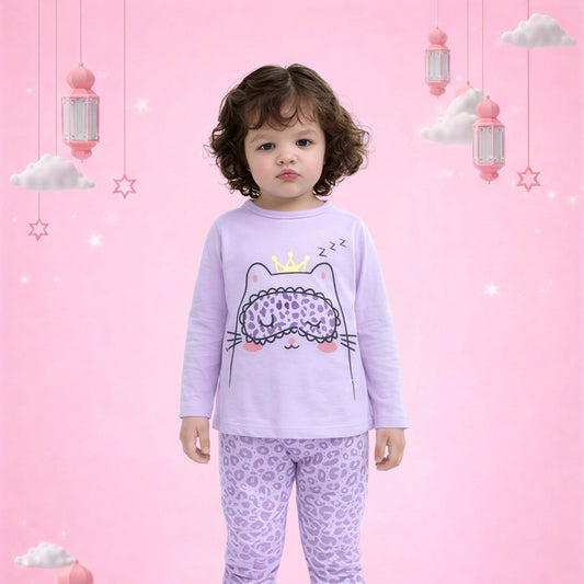 Girls Cute Cat Print Pajama Set – Soft Cotton Night Suit (Lavender)