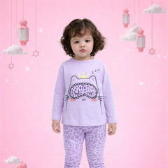 Girls Cute Cat Print Pajama Set – Soft Cotton Night Suit (Lavender)