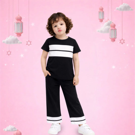 Kids Black Stripe Co-Ord Set – Stylish T-Shirt & Pants Outfit for Girls