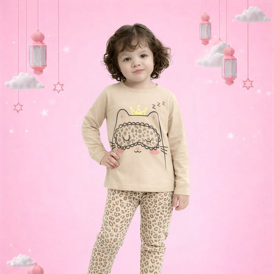 Girls Cute Cat Print Pajama Set – Soft Cotton Night Suit (Beige)