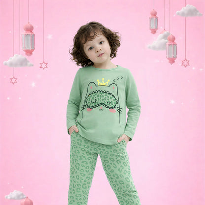 Girls Cute Cat Print Pajama Set – Soft Cotton Night Suit (Mint Green)