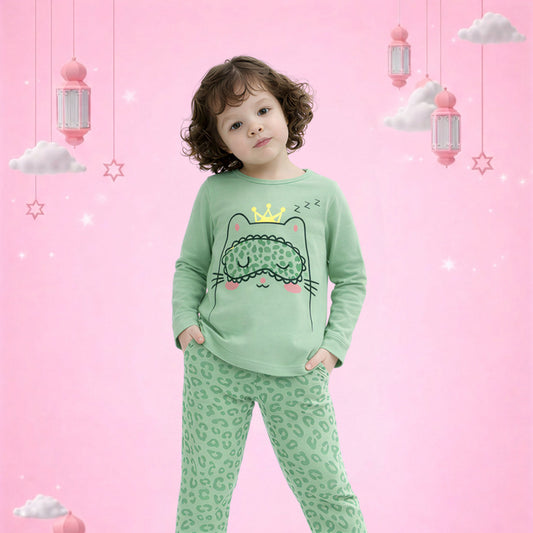 Girls Cute Cat Print Pajama Set – Soft Cotton Night Suit (Mint Green)