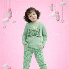 Girls Cute Cat Print Pajama Set – Soft Cotton Night Suit (Mint Green)