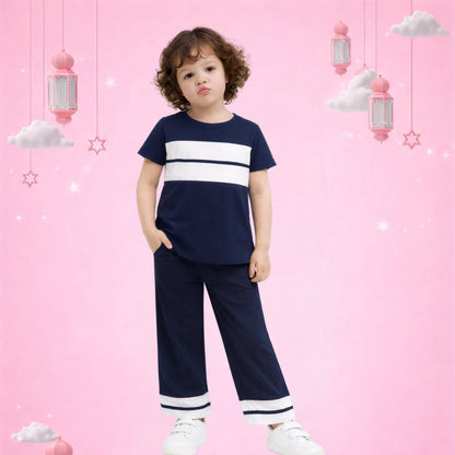 Kids Navy Blue Stripe Co-Ord Set – Stylish T-Shirt & Pants Outfit