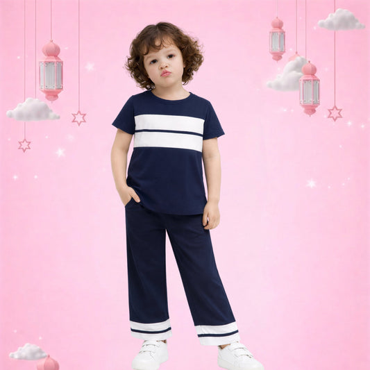 Kids Navy Blue Stripe Co-Ord Set – Stylish T-Shirt & Pants Outfit