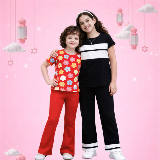 Girls Floral T-Shirt & Red Pants Set – Cute Kids Casual Outfit