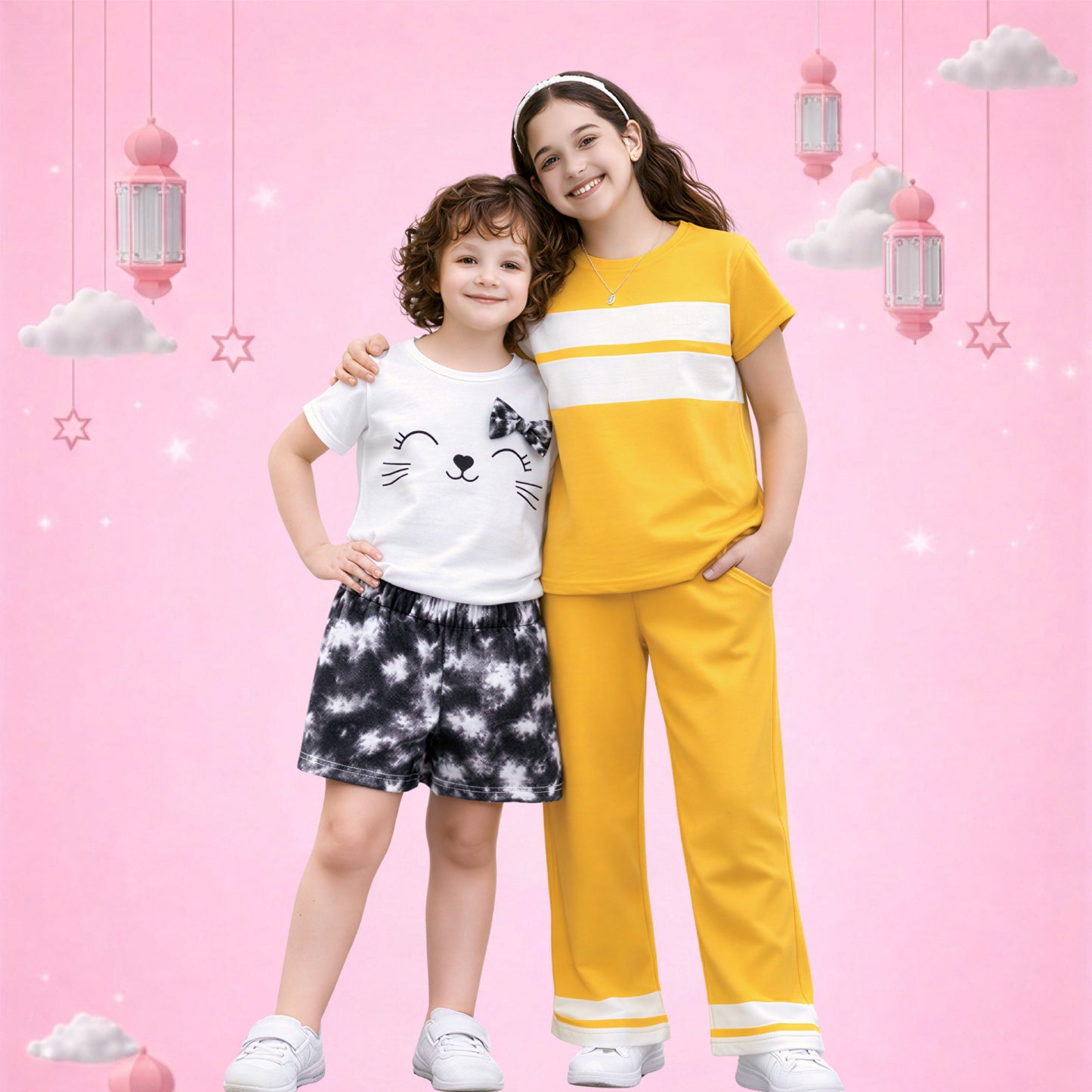Girls Cute Cat Print T-Shirt & Tie-Dye Shorts Set – Kids Summer Outfit