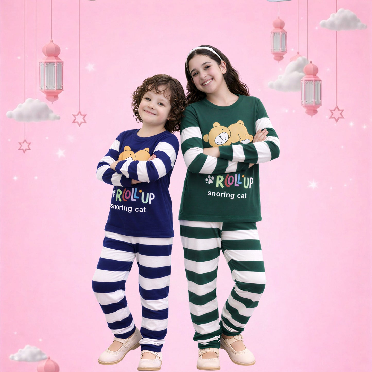 Kids Bear Print Pajama Set – Striped Cotton Night Suit for Girls