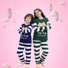 Kids Bear Print Pajama Set – Striped Cotton Night Suit for Girls