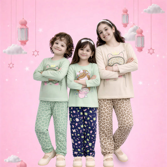 Girls Cute Cartoon Pajama Set – Soft Cotton Kids Night Suit