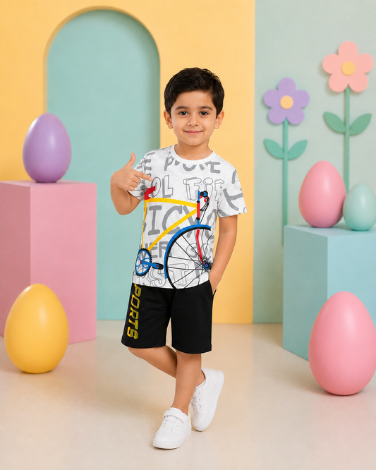 Boys Bicycle Graphic T-Shirt & Black Shorts Set