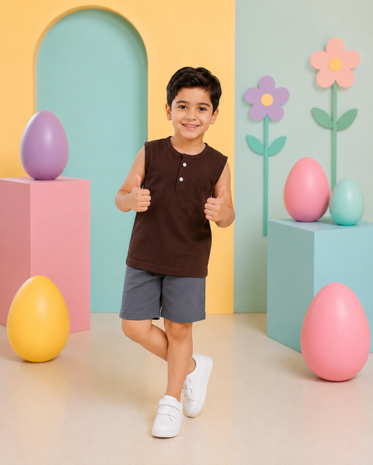 Boys Brown Sleeveless Henley T-Shirt & Grey Shorts Set
