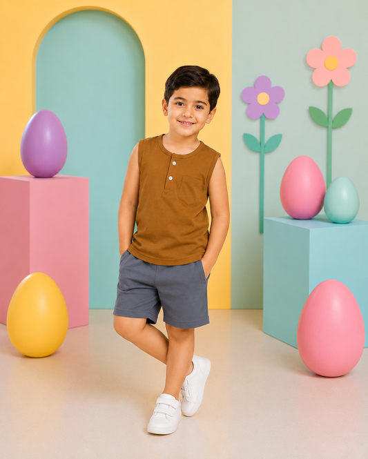 Boys Mustard Sleeveless Henley T-Shirt & Grey Shorts Set