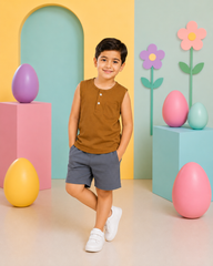 Boys Mustard Sleeveless Henley T-Shirt & Grey Shorts Set